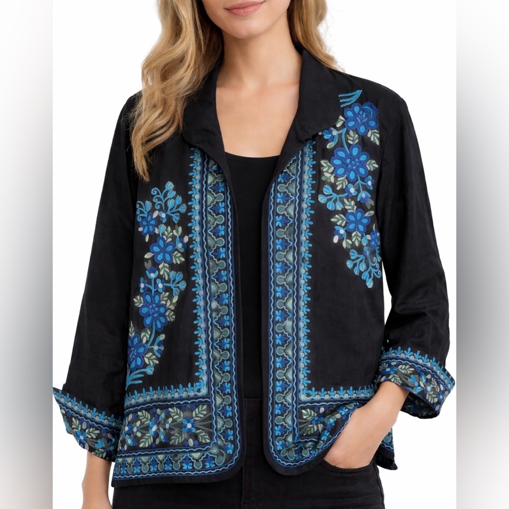 Norm Thompson Silk Jacket M Petite Floral Embroidered Boho Open Front Blazer